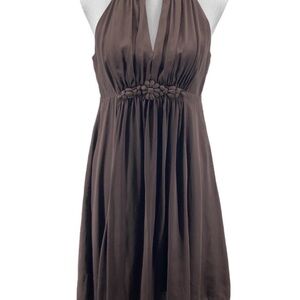 Esley brown satin A-line cocktail dress with a halter neckline. Sz. L